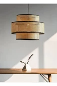 burenze Modern Iskandinav Boheme Tasarım Doğal Hazeran Hasır Rattan Üç Katlı Sarkıt Avize - 2