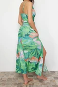 Moda Stil Relaxed V Yaka Maxi Boy Çiçek Desenli Dokuma Plaj Elbisesi - 5
