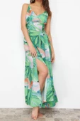 Moda Stil Relaxed V Yaka Maxi Boy Çiçek Desenli Dokuma Plaj Elbisesi - 4