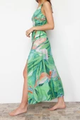 Moda Stil Relaxed V Yaka Maxi Boy Çiçek Desenli Dokuma Plaj Elbisesi - 1