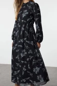 Moda Stil Regular Dik Yaka Maxi Boy Tesettür Şifon Çiçek Desenli Dokuma Elbise - 4