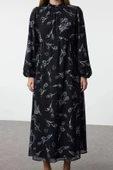 Moda Stil Regular Dik Yaka Maxi Boy Tesettür Şifon Çiçek Desenli Dokuma Elbise - 3