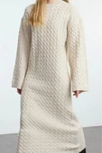 Moda Stil Oversize Bisiklet Yaka Maxi Boy Tesettür Saç Örgülü Triko Elbise - 4