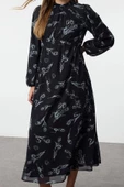 Moda Stil Regular Dik Yaka Maxi Boy Tesettür Şifon Çiçek Desenli Dokuma Elbise - 1