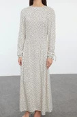 Moda Stil Regular Bisiklet Yaka Maxi Boy Tesettür Puantiye Desenli Dokuma Elbise - 3