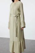 Moda Stil Relaxed Bisiklet Yaka Maxi Boy Tesettür Eteği Fırfırlı Müslin Dokuma Elbise - 6