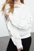 Tarz Relaxed Bisiklet Yaka Düşük Kol Uzun Kolları Fırfır Detaylı Rahat Kalıp Örme Sweatshirt - 1