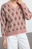 Stil Modern Kadın Regular Düşük Kol V Yaka Geometrik Desenli Triko Kazak - 3
