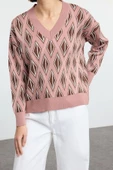 Stil Modern Kadın Regular Düşük Kol V Yaka Geometrik Desenli Triko Kazak - 1