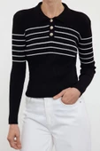 Stil Modern Kadın Regular Standart Kol Polo Yaka Çizgili Basic Triko Kazak - 3