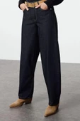 Stil Kadın Moda Denim Kot Pantolon Uzun Geniş Paça Lacivert Yüksek Bel Jeans - 1