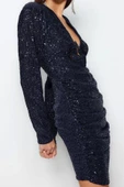 Moda Stil Fitted V Yaka Mini Boy Vücuda Oturan Parıltılı Örme Pullu Payet Kısa Şık Abiye Elbise - 2