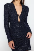 Moda Stil Fitted V Yaka Mini Boy Vücuda Oturan Parıltılı Örme Pullu Payet Kısa Şık Abiye Elbise - 4