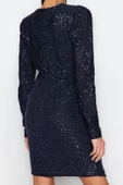 Moda Stil Fitted V Yaka Mini Boy Vücuda Oturan Parıltılı Örme Pullu Payet Kısa Şık Abiye Elbise - 5