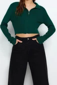 Kadın Modern Tarz Slim Polo Yaka Crop Triko Hırka - 3