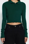 Kadın Modern Tarz Slim Polo Yaka Crop Triko Hırka - 5