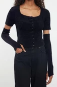 Kadın Modern Tarz Slim Kare Yaka Crop Triko Hırka - 2