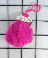 Silikon Ponpon Fuşya Sevimli Cupcake Anahtarlık Çanta Süsü - 3