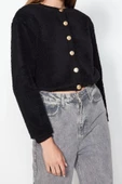 Kadın Modern Tarz Rahat Uzun Düğmeli Yaka Düz Kol Crop Peluş Crop Örme Hırka - 3