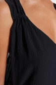 Kadın Moda Kalın Askılı Boru Paça V Yaka Düz Desen Uzun Dokuma Büzgülü %100 Pamuklu Tulum - 5