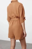 Kadın Moda Düşük Kol Geniş Paça Gömlek Yaka Düz Desen Kısa Kiremit Kuşaklı Dokuma Müslin Tulum - 6