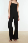 Kadın Moda Standart Kol Geniş Paça Kare Yaka Düz Desen Regular Dokuma Tulum - 3