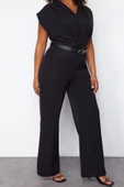 Büyük Beden Kadın Moda Standart Kol Regular Bisiklet Yaka Düz Desen Uzun Kemerli Dokuma Tulum - 4