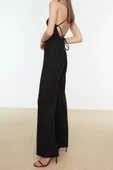 Kadın Moda Standart Kol Geniş Paça Kare Yaka Düz Desen Regular Dokuma Tulum - 2