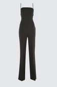 Kadın Moda Standart Kol Geniş Paça Kare Yaka Düz Desen Regular Dokuma Tulum - 1
