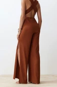 Kadın Moda Standart Kol Geniş Paça V Yaka Düz Desen Uzun Kahverengİ Dokuma Bağlamalı Tulum - 6