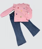 4-5-6 Yaş Kot Pantolonlu Flamingo Desenli Penye Sweat Uzun Kollu 2li Kız Çocuk Takımı - 1
