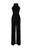 Kadın Moda Reglan Kol Boru Paça Halter Yaka Uzun Beli Büzgü Detaylı Geniş Paça Maxi Dokuma Tulum - 1