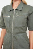 Kadın Moda Standart Kol Geniş Paça Ceket Yaka Düz Desen Kısa Beli Lastikli Denim Şort Tulum - 3