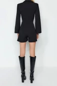 Kadın Moda Boru Paça Ceket Yaka Kısa Kemerl Ceket Yaka Fermuar Detaylı Mini Dokuma Tulum - 6
