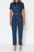 Kadın Moda Standart Kol Boru Paça Ceket Yaka Düz Desen Uzun Kemerli Denim Tulum - 1