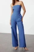 Kadın Moda Standart Kol Geniş Paça Straplez Uzun Kargo Cepli Straplez Yaka Maxi Dokuma Tulum - 2