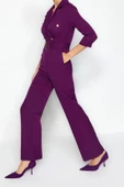 Kadın Moda Standart Kol Dar Paça Ceket Yaka Düz Desen Uzun Kemerli Kruvaze Yaka Dokuma Tulum - 4