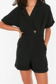 Kadın Moda Standart Kol Geniş Paça Kruvaze Düz Desen Kısa Kemerli Kurvaze Yaka Mini Dokuma Tulum - 4