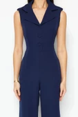 Kadın Moda Standart Kol Geniş Paça Ceket Yaka Düz Desen Uzun Ceket Yakalı Düğme Detaylı Dokuma Tulum - 4