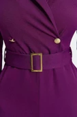 Kadın Moda Standart Kol Dar Paça Ceket Yaka Düz Desen Uzun Kemerli Kruvaze Yaka Dokuma Tulum - 5