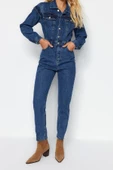 Kadın Moda Standart Kol Dar Paça Ceket Yaka Regular Dikiş Detaylı Denim Tulum - 2