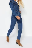 Kadın Moda Standart Kol Dar Paça Ceket Yaka Regular Dikiş Detaylı Denim Tulum - 3