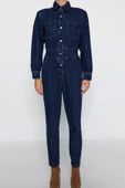 Kadın Moda Standart Kol Dar Paça Ceket Yaka Düz Desen Uzun Balon Kollu Denim Tulum - 1