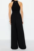Kadın Moda Reglan Kol Boru Paça Halter Yaka Uzun Beli Büzgü Detaylı Geniş Paça Maxi Dokuma Tulum - 6