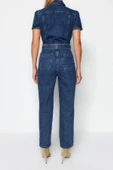 Kadın Moda Standart Kol Boru Paça Ceket Yaka Düz Desen Uzun Kemerli Denim Tulum - 6