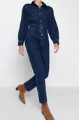 Kadın Moda Standart Kol Dar Paça Ceket Yaka Düz Desen Uzun Balon Kollu Denim Tulum - 2