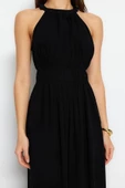 Kadın Moda Reglan Kol Boru Paça Halter Yaka Uzun Beli Büzgü Detaylı Geniş Paça Maxi Dokuma Tulum - 5