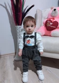9-12-18 Ay Papyonlu Sweat Kot Pantolon 2li Erkek Bebek Salopet Takımı - 3