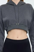 Tarz Regular Kapüşonlu Düşük Kol Crop Pamuklu Crop İçi Polarlı Örme Spor Sweatshirt - 3