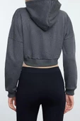 Tarz Regular Kapüşonlu Düşük Kol Crop Pamuklu Crop İçi Polarlı Örme Spor Sweatshirt - 4